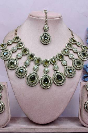 Green yellow gold premium designer american diamond and stone work necklace set