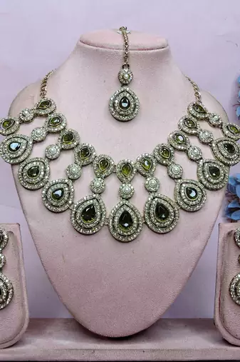 Green yellow gold premium designer american diamond and stone work necklace set
