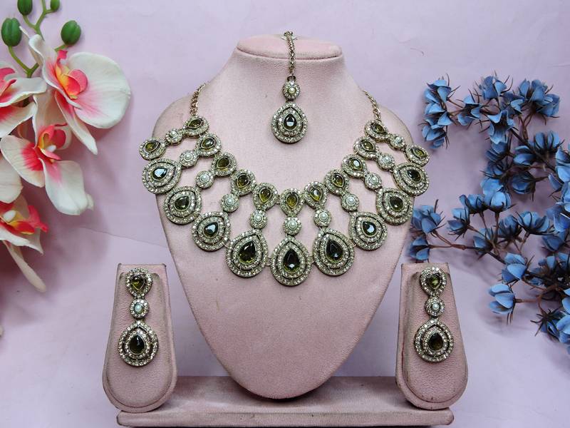 Green yellow gold premium designer american diamond and stone work necklace set