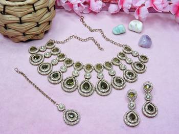 Green yellow gold premium designer american diamond and stone work necklace set 2
