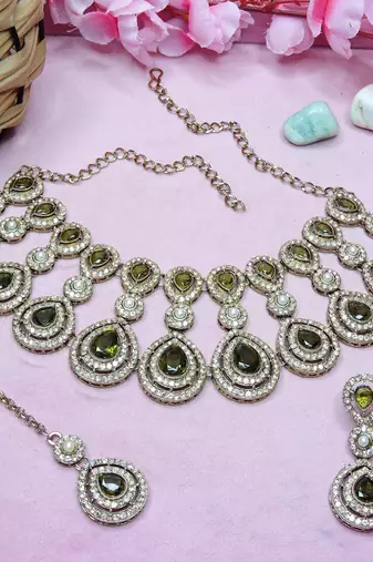 Green yellow gold premium designer american diamond and stone work necklace set