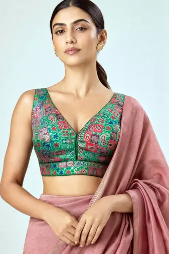 Multi coloured woven design brocade saree blouse