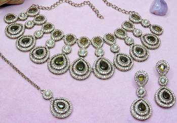 Green yellow gold premium designer american diamond and stone work necklace set 3