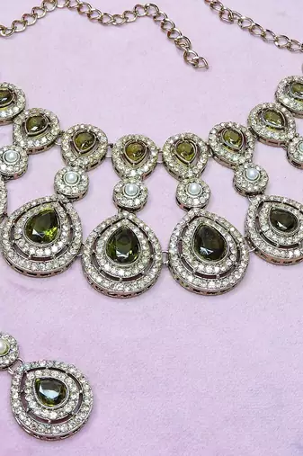 Green yellow gold premium designer american diamond and stone work necklace set