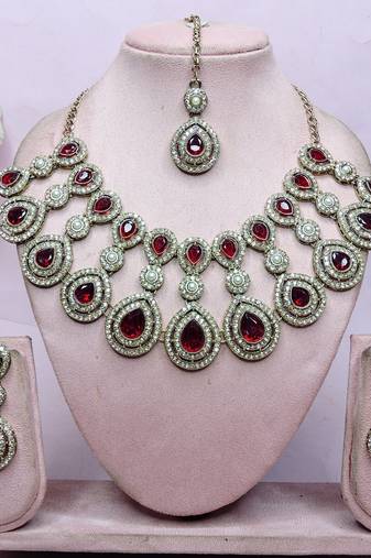Maroon yellow gold premium designer american diamond and stone work necklace set