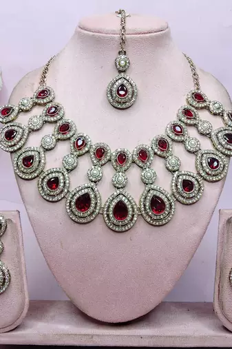 Maroon yellow gold premium designer american diamond and stone work necklace set