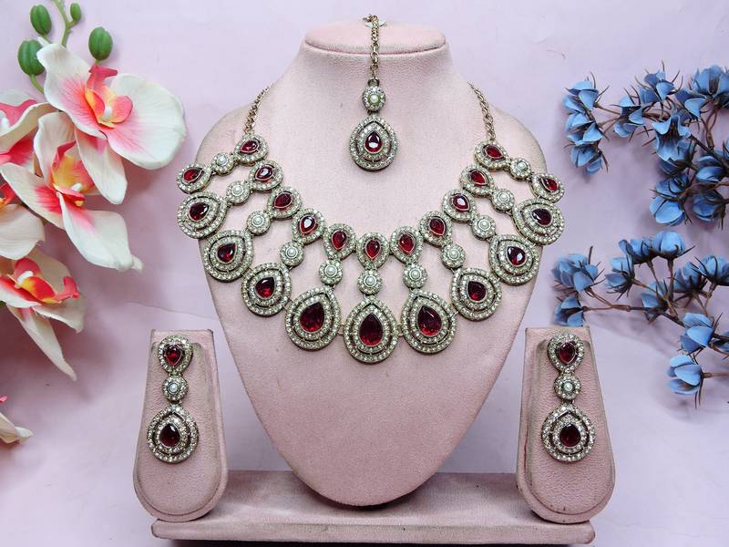 Maroon yellow gold premium designer american diamond and stone work necklace set