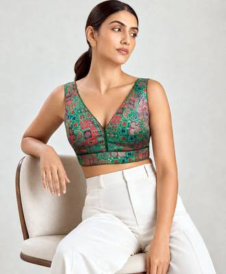 Multi coloured woven design brocade saree blouse 5
