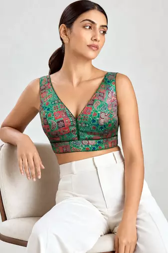 Multi coloured woven design brocade saree blouse