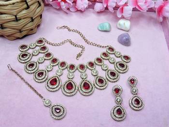 Maroon yellow gold premium designer american diamond and stone work necklace set 2