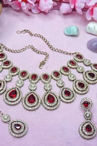 Maroon yellow gold premium designer american diamond and stone work necklace set
