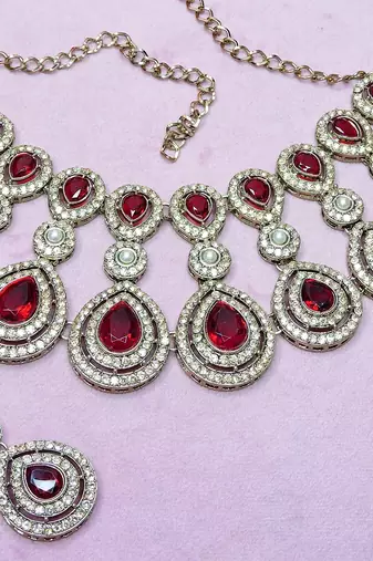 Maroon yellow gold premium designer american diamond and stone work necklace set
