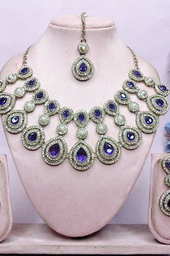 Blue yellow gold premium designer american diamond and stone work necklace set