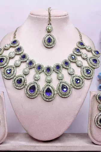 Blue yellow gold premium designer american diamond and stone work necklace set