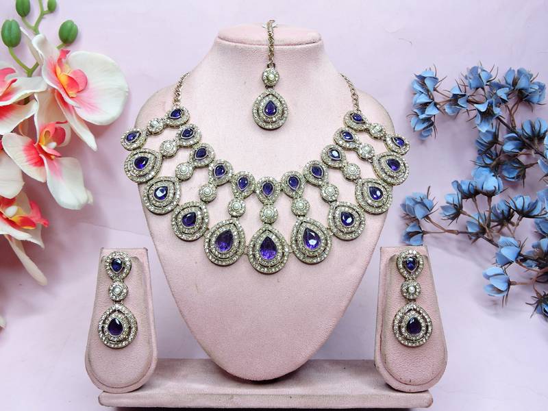 Blue yellow gold premium designer american diamond and stone work necklace set