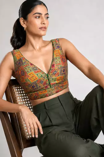 Multi coloured woven design brocade saree blouse