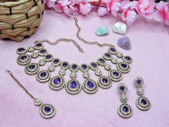 Blue yellow gold premium designer american diamond and stone work necklace set 2