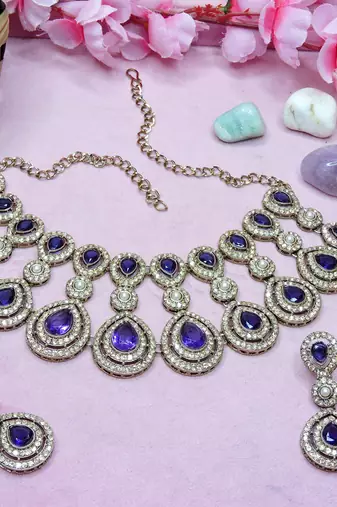 Blue yellow gold premium designer american diamond and stone work necklace set