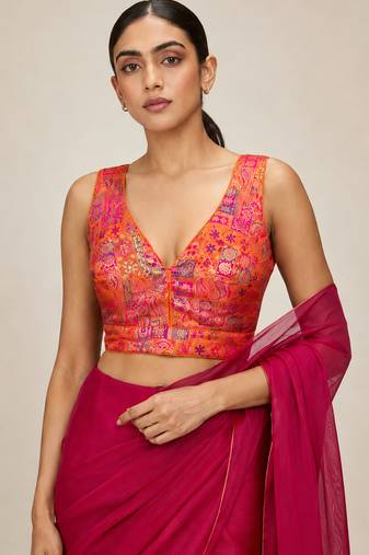 Multi coloured woven design brocade saree blouse