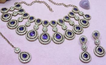 Blue yellow gold premium designer american diamond and stone work necklace set 3