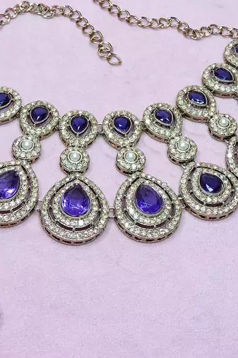 Blue yellow gold premium designer american diamond and stone work necklace set