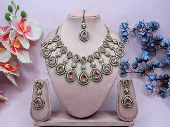 Pink yellow gold premium designer american diamond and stone work necklace set 1