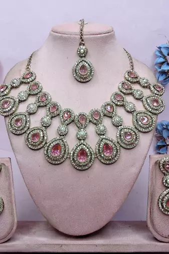Pink yellow gold premium designer american diamond and stone work necklace set