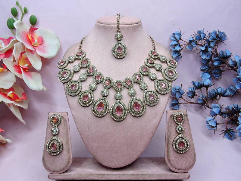 Pink yellow gold premium designer american diamond and stone work necklace set