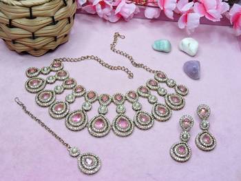 Pink yellow gold premium designer american diamond and stone work necklace set 2
