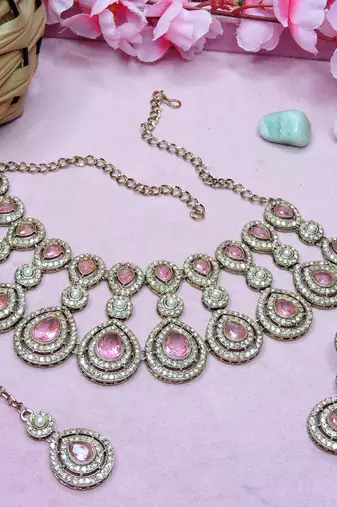 Pink yellow gold premium designer american diamond and stone work necklace set