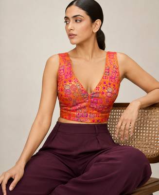 Multi coloured woven design brocade saree blouse 5