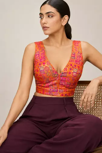 Multi coloured woven design brocade saree blouse
