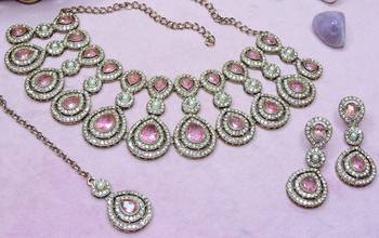 Pink yellow gold premium designer american diamond and stone work necklace set 3
