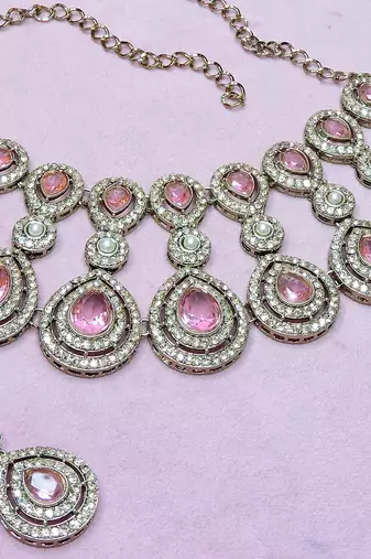 Pink yellow gold premium designer american diamond and stone work necklace set