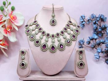 Purple yellow gold premium designer american diamond and stone work necklace set 1