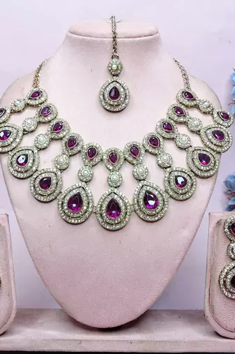 Purple yellow gold premium designer american diamond and stone work necklace set