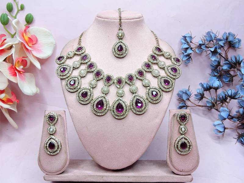 Purple yellow gold premium designer american diamond and stone work necklace set
