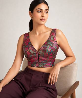 Multi coloured woven design brocade saree blouse 5