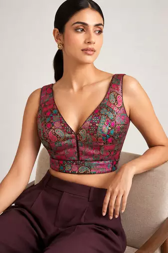 Multi coloured woven design brocade saree blouse