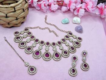 Purple yellow gold premium designer american diamond and stone work necklace set 2