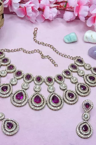 Purple yellow gold premium designer american diamond and stone work necklace set