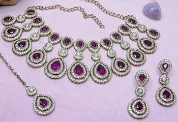 Purple yellow gold premium designer american diamond and stone work necklace set 3