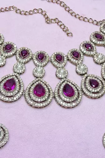 Purple yellow gold premium designer american diamond and stone work necklace set
