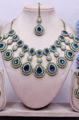 Blue yellow gold premium designer american diamond and stone work necklace set