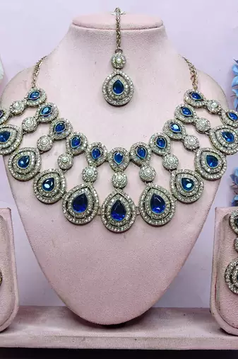 Blue yellow gold premium designer american diamond and stone work necklace set