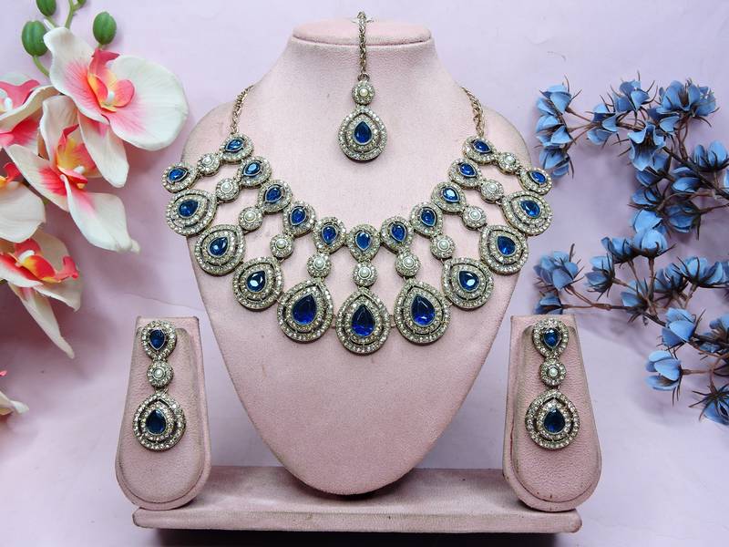 Blue yellow gold premium designer american diamond and stone work necklace set