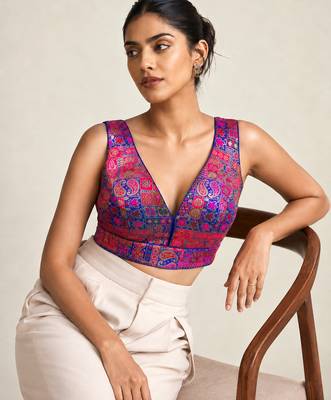 Multi coloured woven design brocade saree blouse 5
