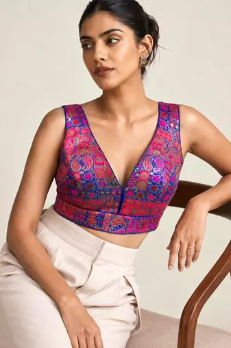 Multi coloured woven design brocade saree blouse