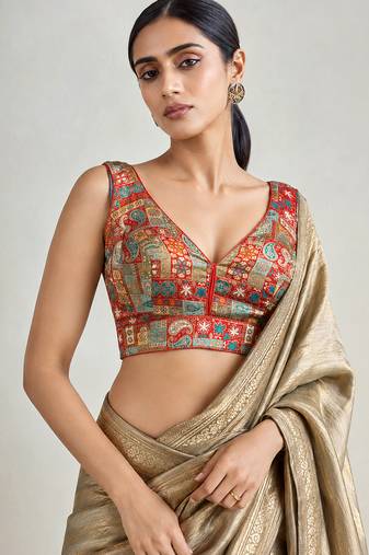 Multi coloured woven design brocade saree blouse
