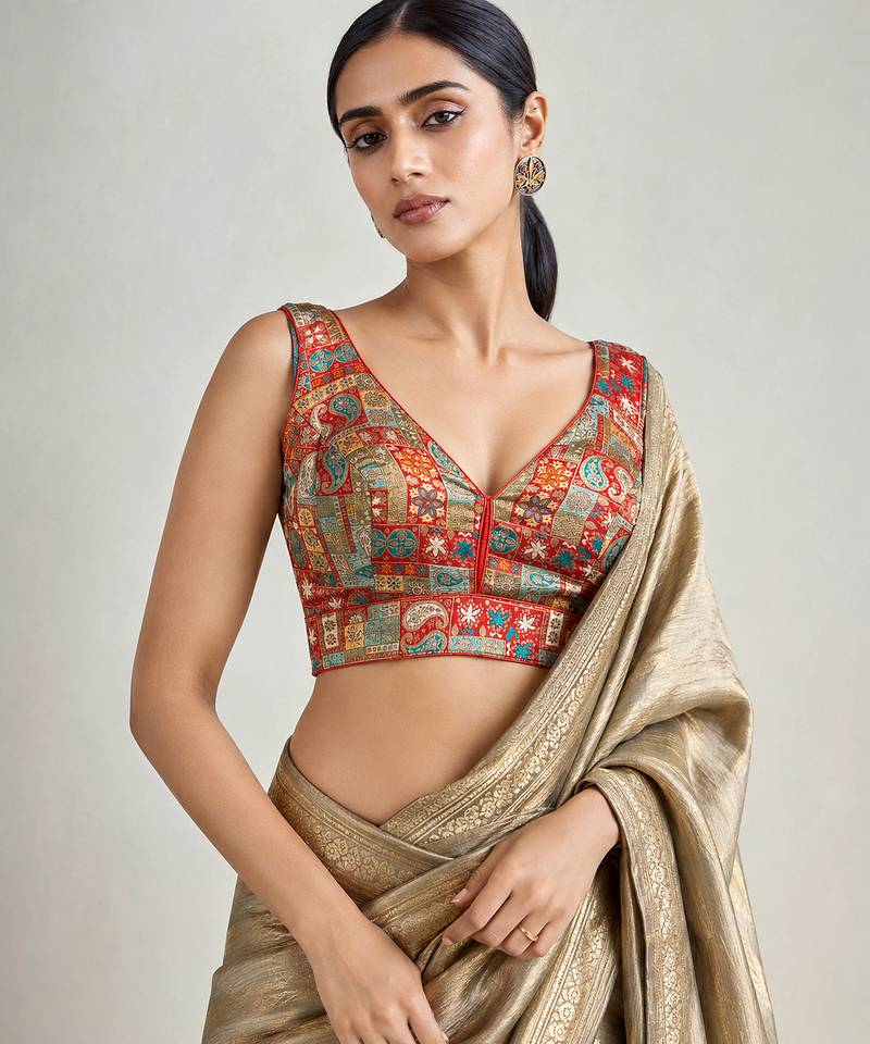 Multi coloured woven design brocade saree blouse